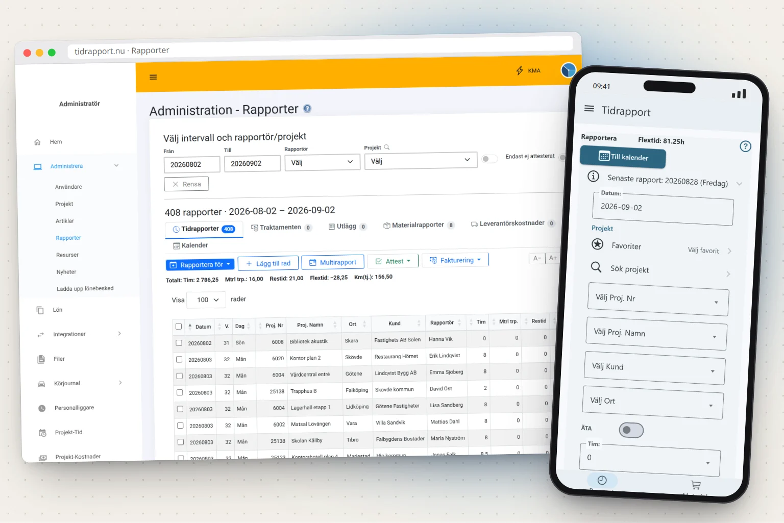 Tidrapport på webben och i mobilappen